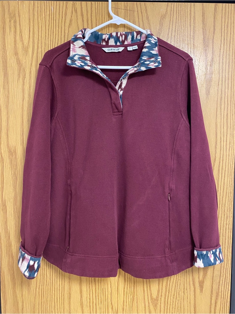 Orvis Women's Burgundy Pullover with Patterned Trim